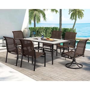 7-Piece Patio Dining Set for 6, Outdoor Dining Set 64 in. Rectangular Metal Table with Umbrella Hole