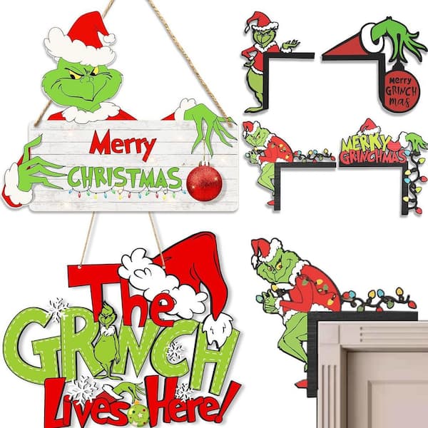 11.66 in. x 10.17 in. Red and Green 2-Pack Wooden Hanging Sign and 4-Pack Corner Decorations, Wooden Wall Art
