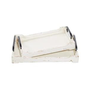 White Wood Decorative Tray with Metal Handles (Set of 2)