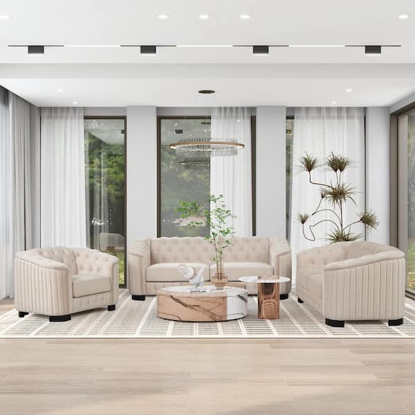 3-Piece Beige Velvet Living Room Sofa Set with Loveseat and Single Chair