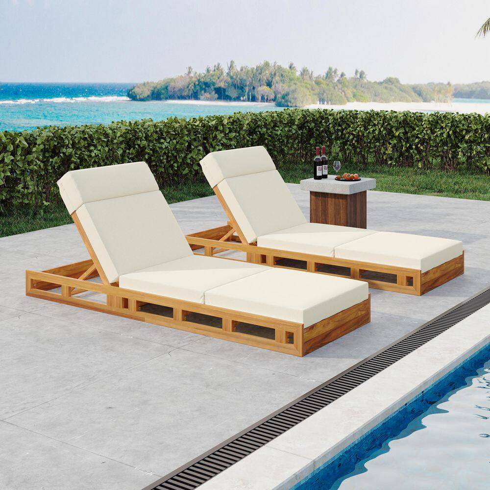 Gail Solid Wood Patio Outdoor Chaise Lounge with Quad-Folding Beige Cushion, Adjustable Backrest Teak Finish, (Set of 2) price history on PriceWatchPro