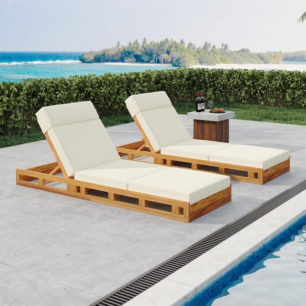 Gail Solid Wood Patio Outdoor Chaise Lounge with Quad-Folding Beige Cushion, Adjustable Backrest Teak Finish, (Set of 2)