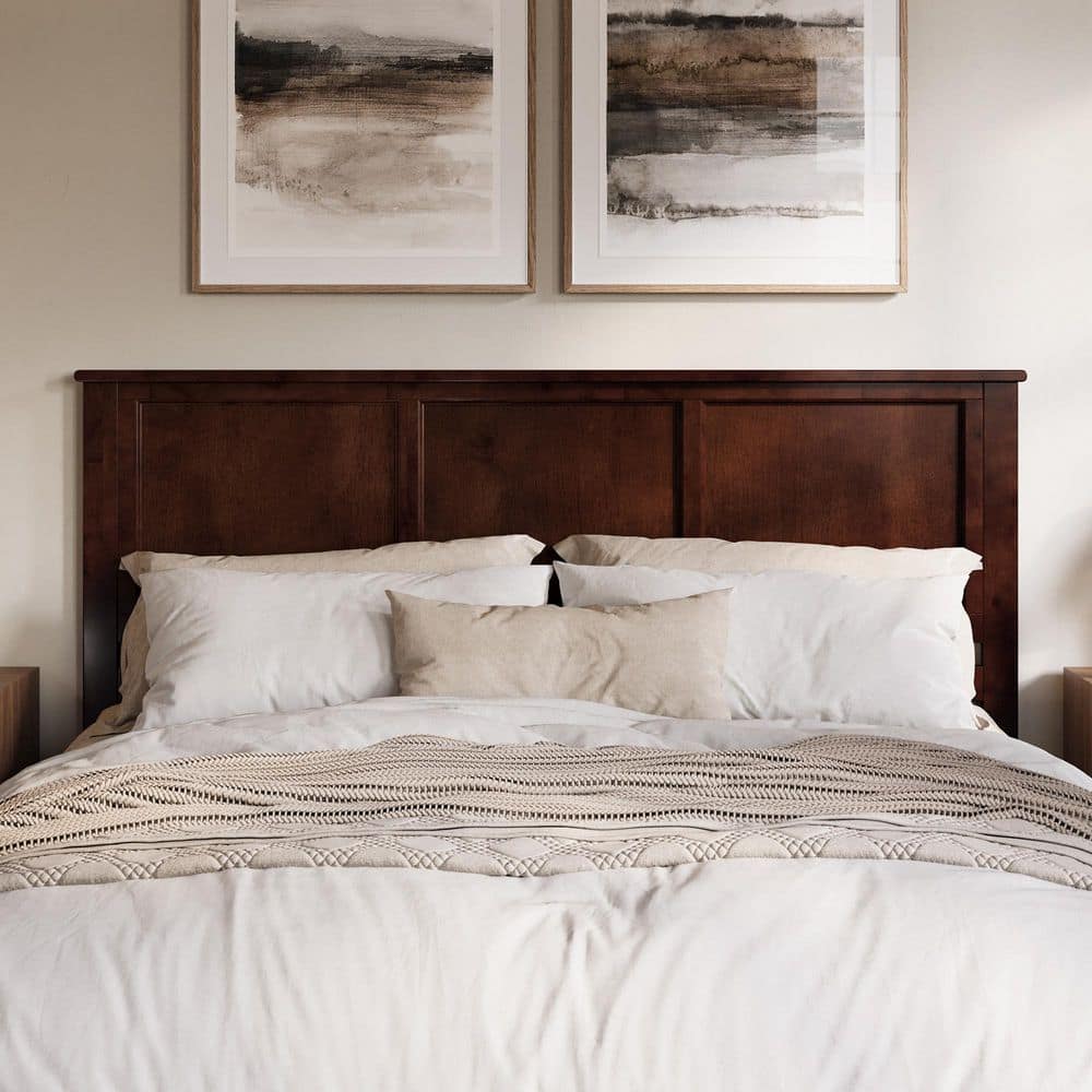 King Walnut Wood and Metal Panel Headboard