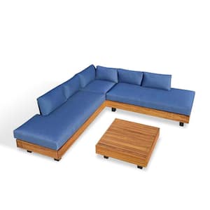 Alden 4-Piece Teak and Aluminum Outdoor Patio Sectional Sofa Set with Acrylic Spectrum Indigo Cushions and Coffee Table