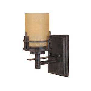 5 in. Mission Ridge 1-Light Warm Mahogany Mission Style Wall Mount Sconce Light with Goldenrod Glass Shade