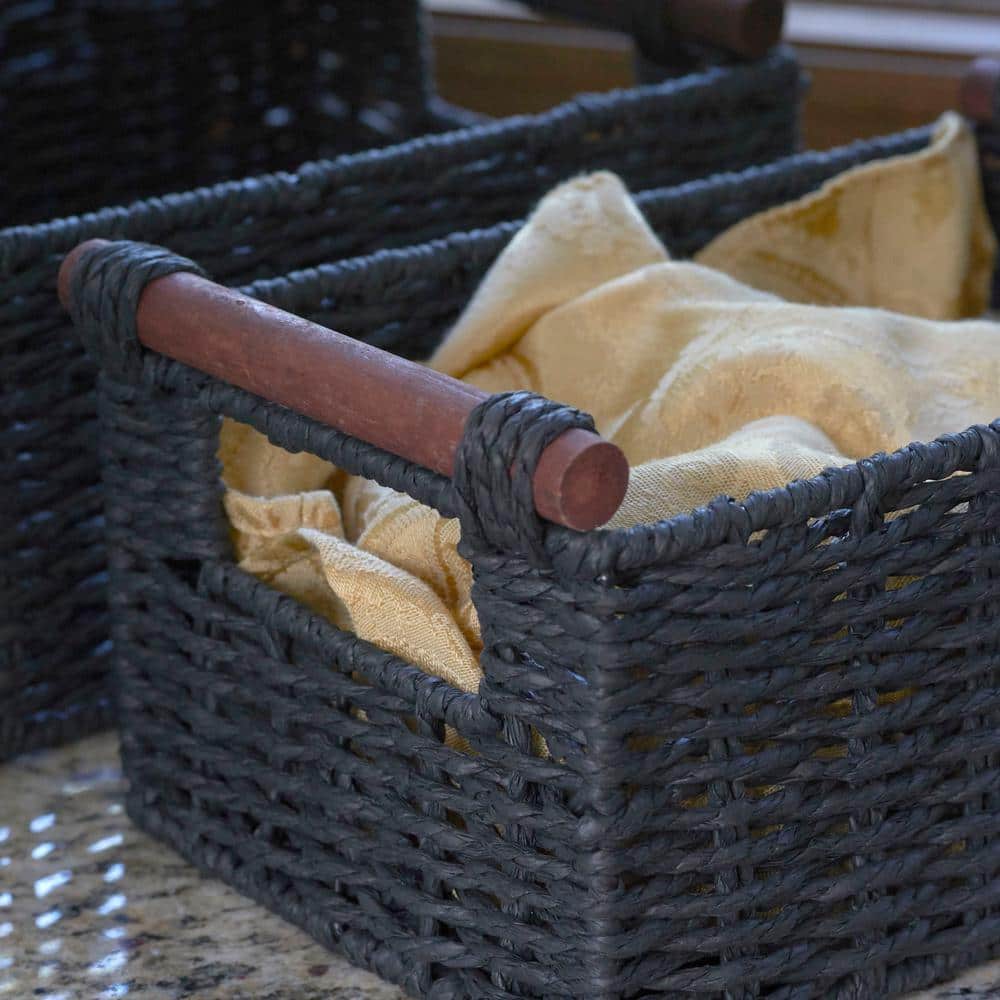 Black Handwoven Paper Rope Storage Baskets with Wood Handles, Set of 3