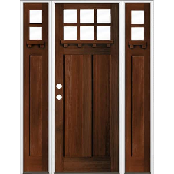 Krosswood Doors 64 in. x 96 in. Craftsman 6-Lite Right-Hand Clear Glass Red Mahogany Stain Hemlock Wood Prehung Front Door w/ DSL and DS