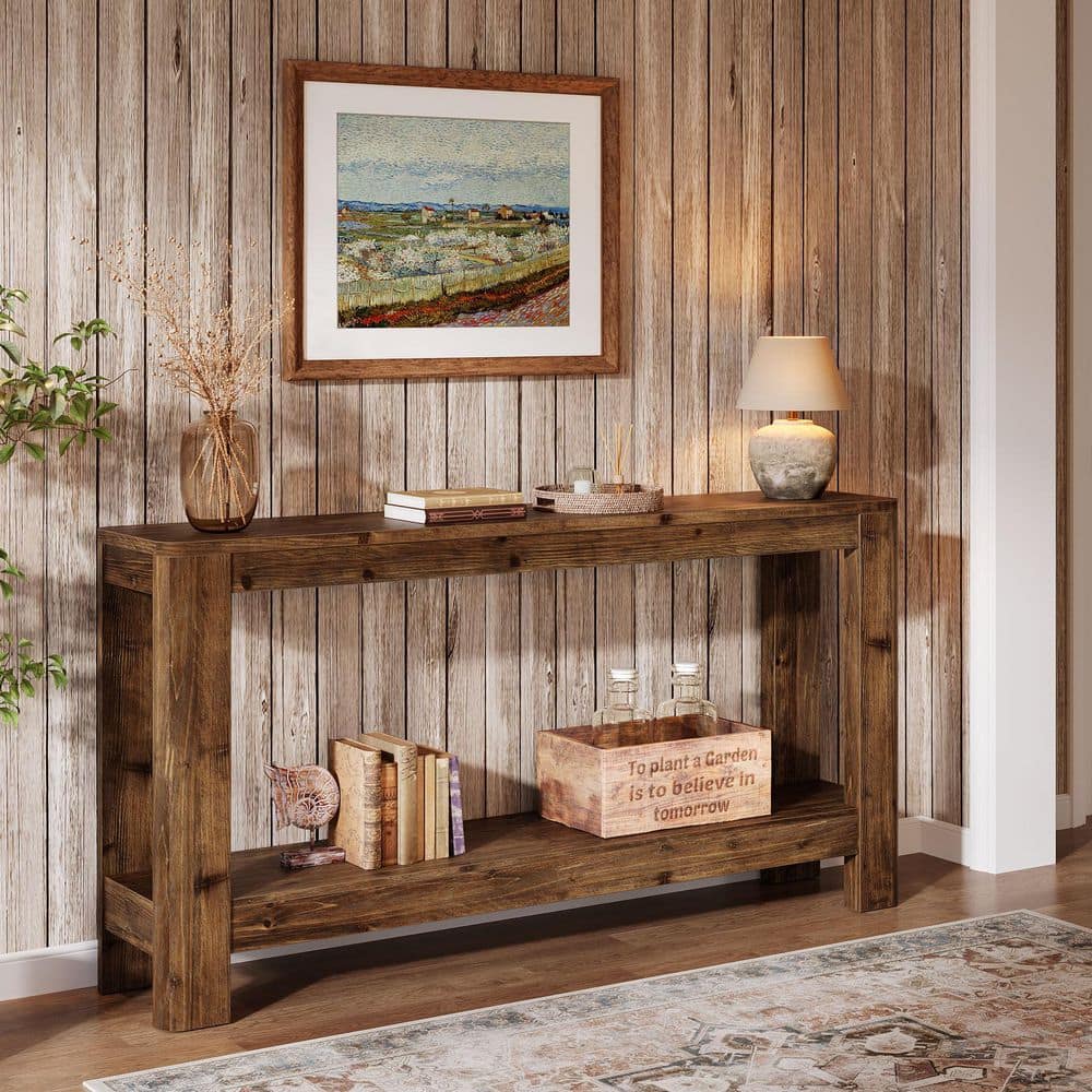 62.99 in. Walnut Brown Rectangle Solid Wood Console Table with 2-Tier Storage Shelf, Farmhouse Slim Table for Entryway price history on PriceWatchPro
