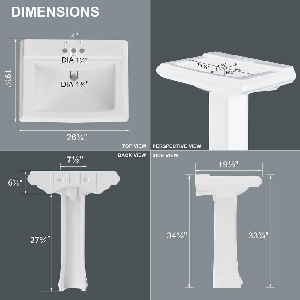 White Rectangular Ceramic Pedestal Sink with Overflow