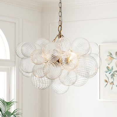 Neuvy 3-Light 23.6 in. W Brass Chandelier with Swirled-Glass Orb Cluster Bubble Ribbed Glass Chandelier for Living Room