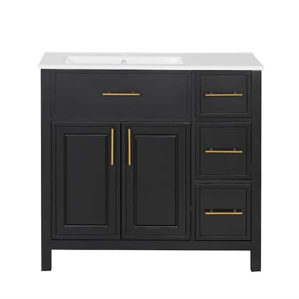 36 in. Freestanding Black Bath Vanity with White Ceramic Sink Top 2 Doors and 3 Drawers