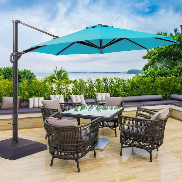 Sonkuki 11 ft. Aluminum Outdoor Cantilever Umbrella Offset Patio Umbrella with a Base in Lake Blue