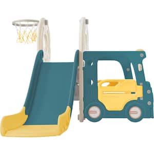 Kids Slide with Bus Play Structure Freestanding for Toddlers and with Basketball Hoop, Yellow