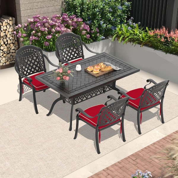 Isabella 5-Piece Cast Aluminum Outdoor Dining Set with 59.05 in. x 35.43 in. Rectangular Table and Red Cushions