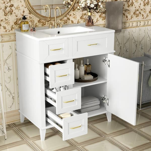 30 in. Freestanding White Bath Vanity with White Ceramic Top, 3 Drawers and Bathroom Door Storage Cabinet Unassembled