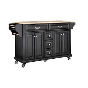 60.5 in. L x 18.13 in. W x 36.75 in. H Black Solid Wood Kitchen Cart with Locking Wheels, Storage Cabinet and 5-Drawers