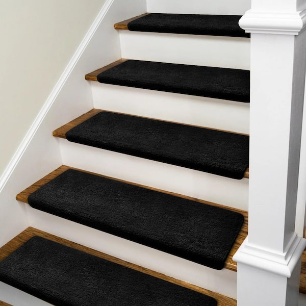 Black 9.5 in. x 30 in. x 1.2 in. Plush Bullnose Indoor Stair Tread Cover Carpet Self Adhensive Mat (Set of 12)