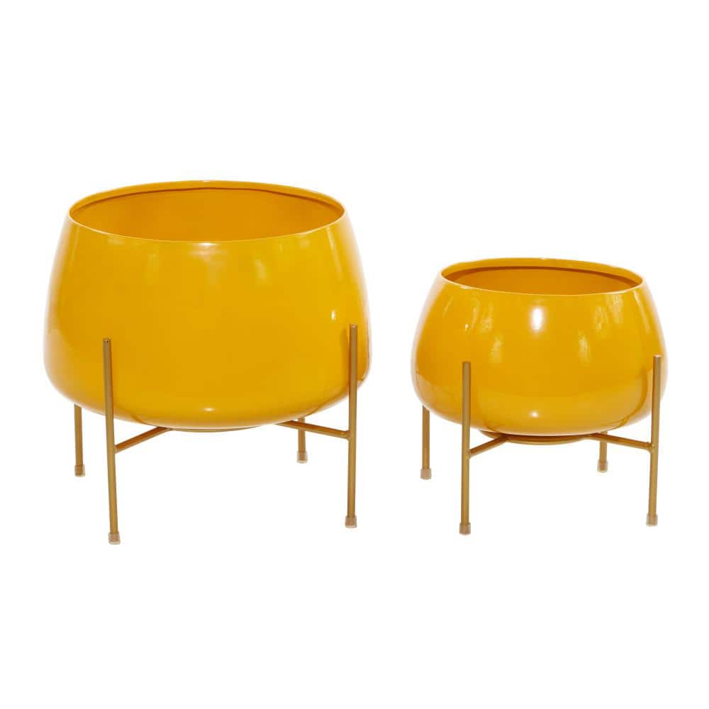 Set of 2 Yellow Metal Planters with Stands