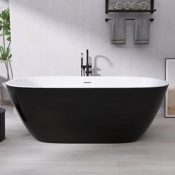 Getpro 65 in. x 29.5 in. Acrylic Free Standing Soaking Flat Bottom Bath Tub Freestanding Bathtub with Center Drain in Black
