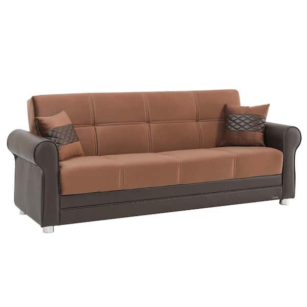 Ottomanson Eternal Collection Convertible 89 in. Brown Microfiber 3-Seater Twin Sleeper Sofa Bed with Storage