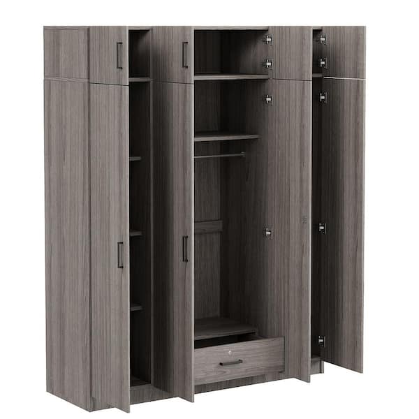 Gray 59.2 in. 4 Door Wooden Wardrobe Armoire with Shelves 1 Drawer 1 Hanging Rod Top Cabinet