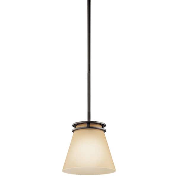 KICHLER Hendrik 8.75 in. 1-Light Olde Bronze Contemporary Shaded Kitchen Mini Pendant Hanging Light with Etched Glass