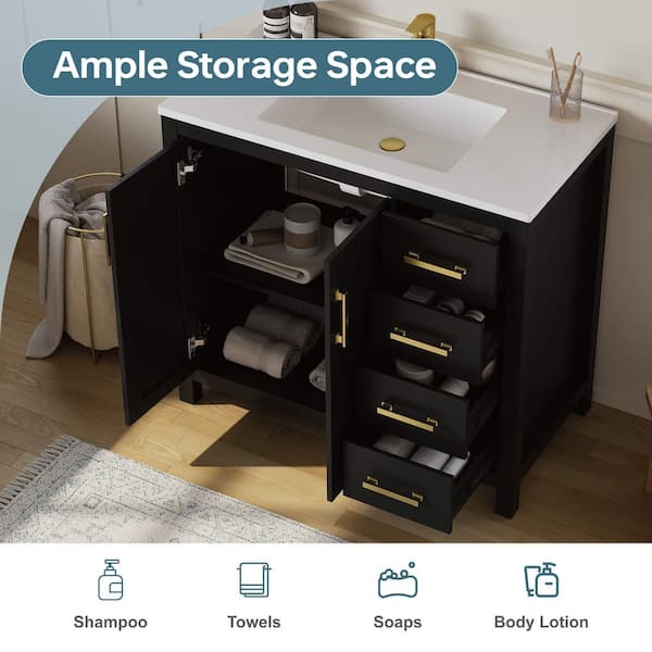 Raven 37 in. Single Sink Black Bath Vanity with White Engineered Solid Surface Top and 4 Drawers (Unassembled)