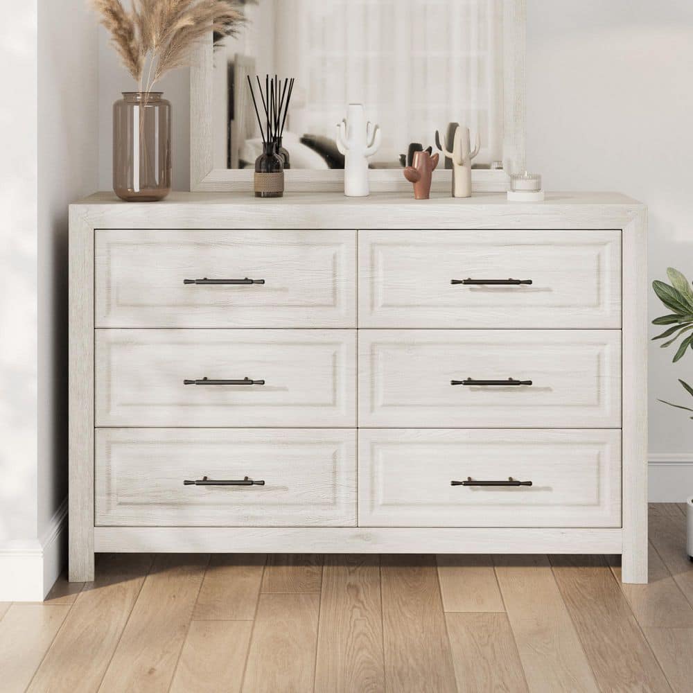 Farmhouse White 6-Drawer Dresser 55.12 in. Chest of Drawers Dresser for Bedroom, Dresser for Clothes Storage, Organizer