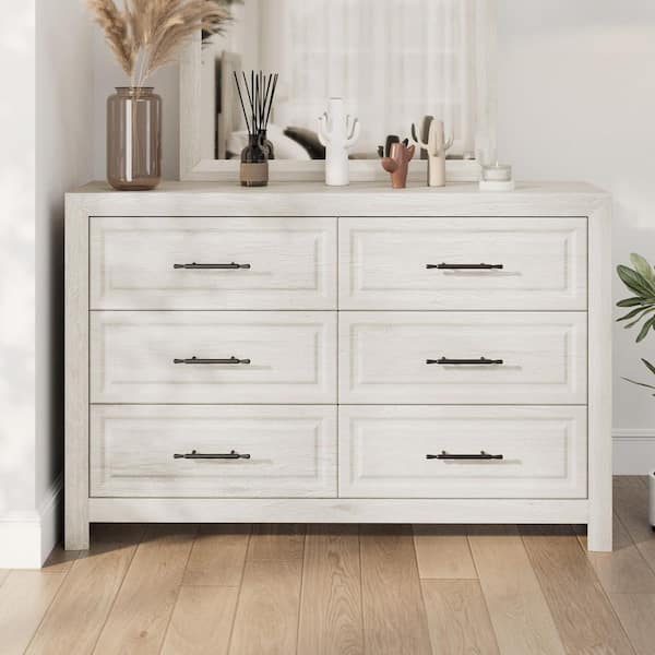 Farmhouse White 6-Drawer Dresser 55.12 in. Chest of Drawers Dresser for Bedroom, Dresser for Clothes Storage, Organizer