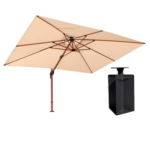PURPLE LEAF 9 ft. x 12 ft. High-Quality Wood Pattern Aluminum Cantilever Polyester Patio Umbrella with Base in Ground, Beige