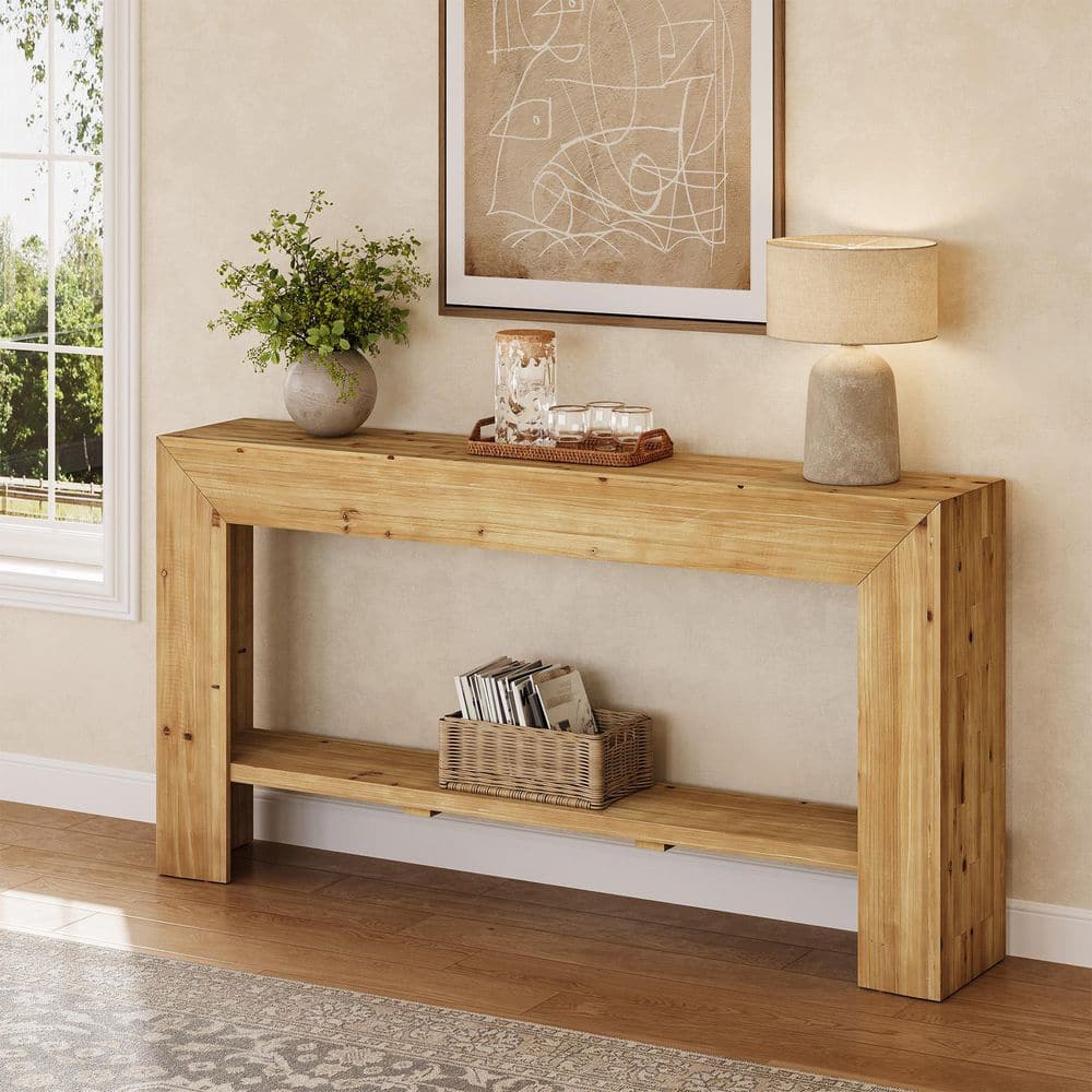 BYBLIGHT Turrella 63 in. Brown Rectangle 2-Tier Solid Wood Console ...