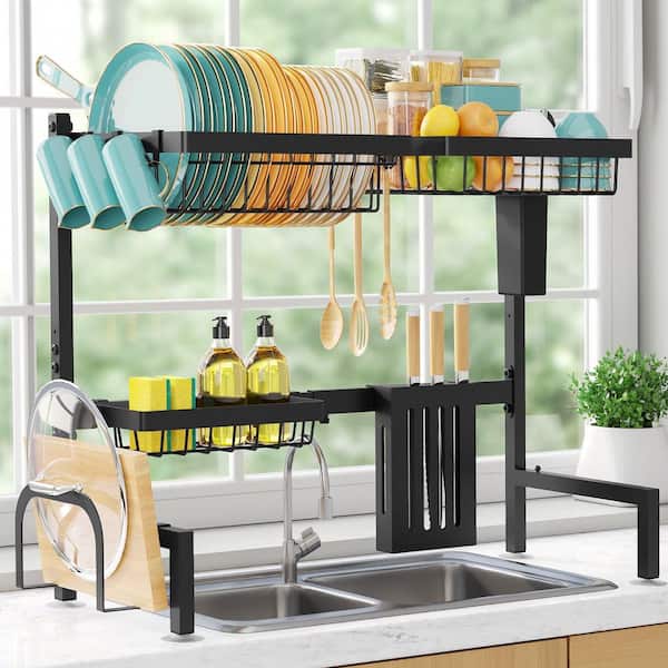 2 Tier Adjustable Over-the-Sink Dish Rack, Large Capacity Stainless Steel Drainer Utensil Holders, in Black