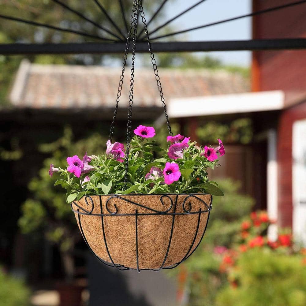 12 Inch Round Black Metal Hanging Planter Baskets with Coco Liner (4-Pack)