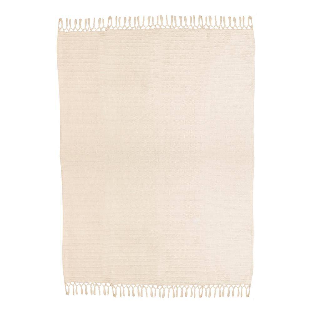 Ivory Handwoven Cotton Blend Throw Blanket with Fringe, 50x60