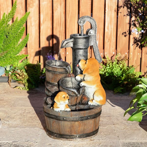 23.75 in. H Cute Dog Playing Around the Water Pump Polyresin Outdoor Waterfall Fountain with Pump and LED Light