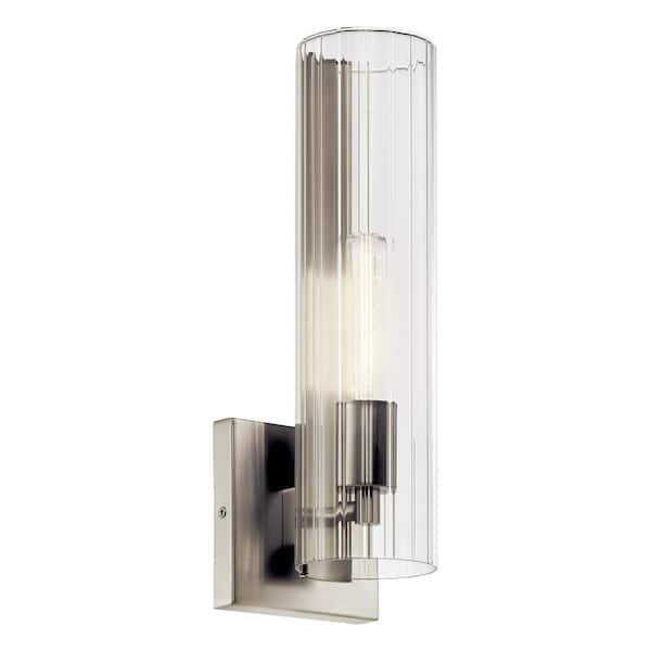 KICHLER Jemsa 1-Light Brushed Nickel Bathroom Indoor Wall Sconce Light with Clear Fluted Glass Shade