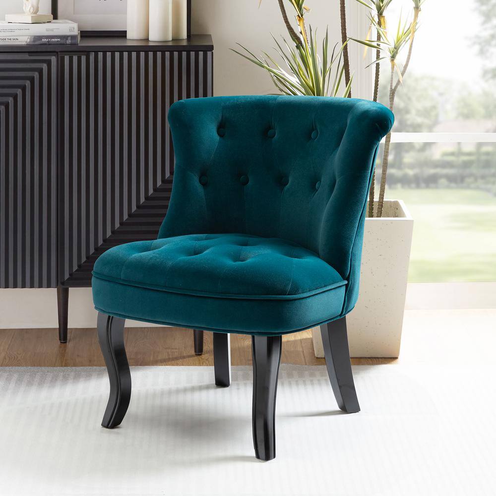 Teal Velvet Button-Tufted Armless Accent Chair with Wooden Legs