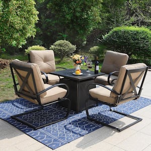 5-Piece Metal Patio Fire Pit Set, C-Spring Dining Chairs with Beige Cushion