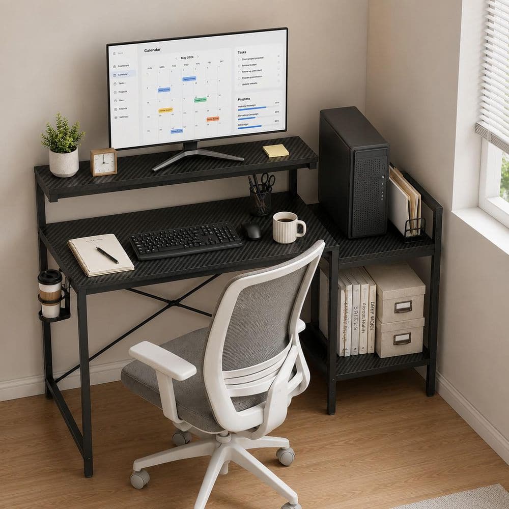 47.2 in. Rectangular Black Carbon Fiber Computer Desk with Reversible Storage Shelves, Monitor Hutch and LED Lights