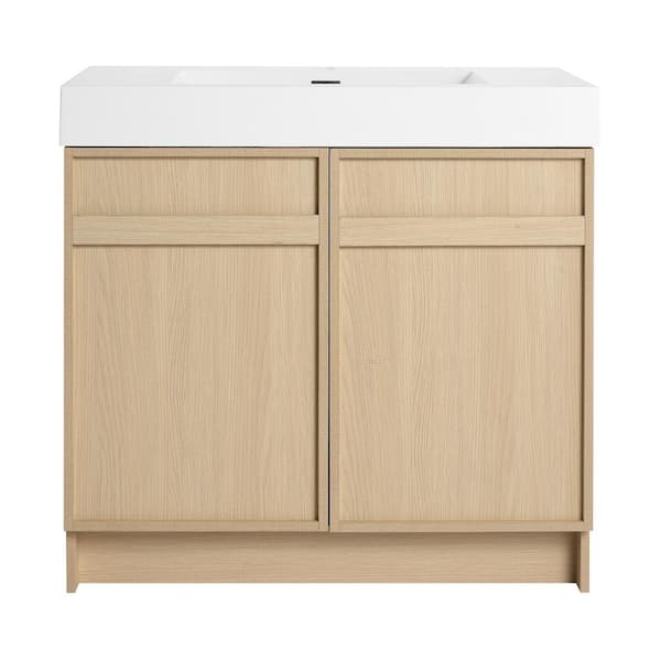 35.4 in. W x 19.7 in. D x 35.1 in. H Freestanding Oak Bath Vanity with White Resin Vanity Top