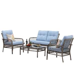 Grey 4-Piece Hollow Metal Patio Conversation Set with Blue Cushions