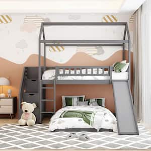 Gray Twin Over Twin House Bunk Bed with Slide and 2 Drawers, Sturdy Kids Bunk Bed Frame with House Roof and Staircases