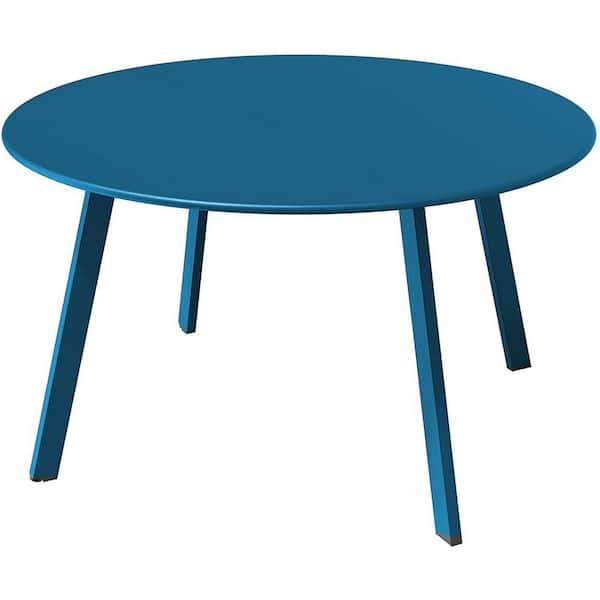 SUNRINX Blue Round Metal 15.75 in. Outdoor Coffee Table with Anti Slip Feet Pads