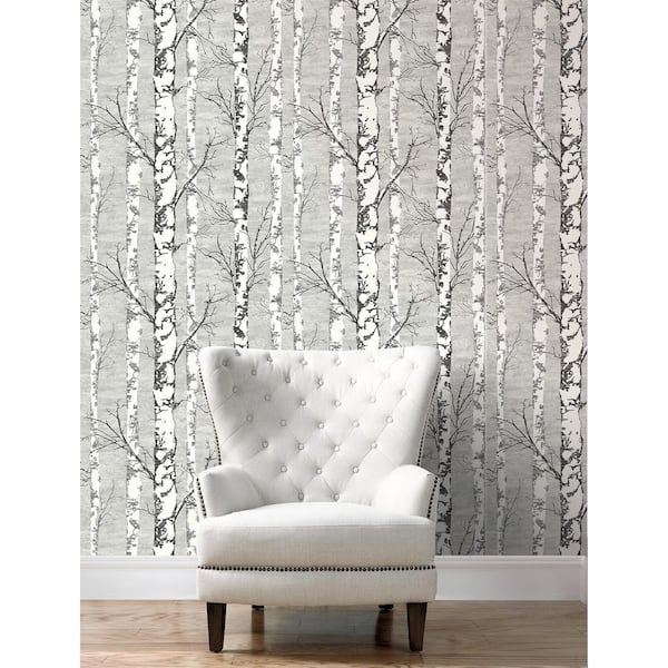 60.75 sq. ft. Daydream Grey and Inkwell Alaska Birch Unpasted Wallpaper Roll