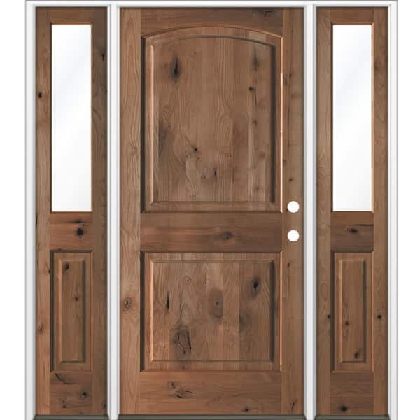 Krosswood Doors 64 in. x 80 in. Knotty Alder 2-Panel Arch-Top Left-H /Inswing Clear Glass True Black Stain Wood Prehung Front Door DHSL