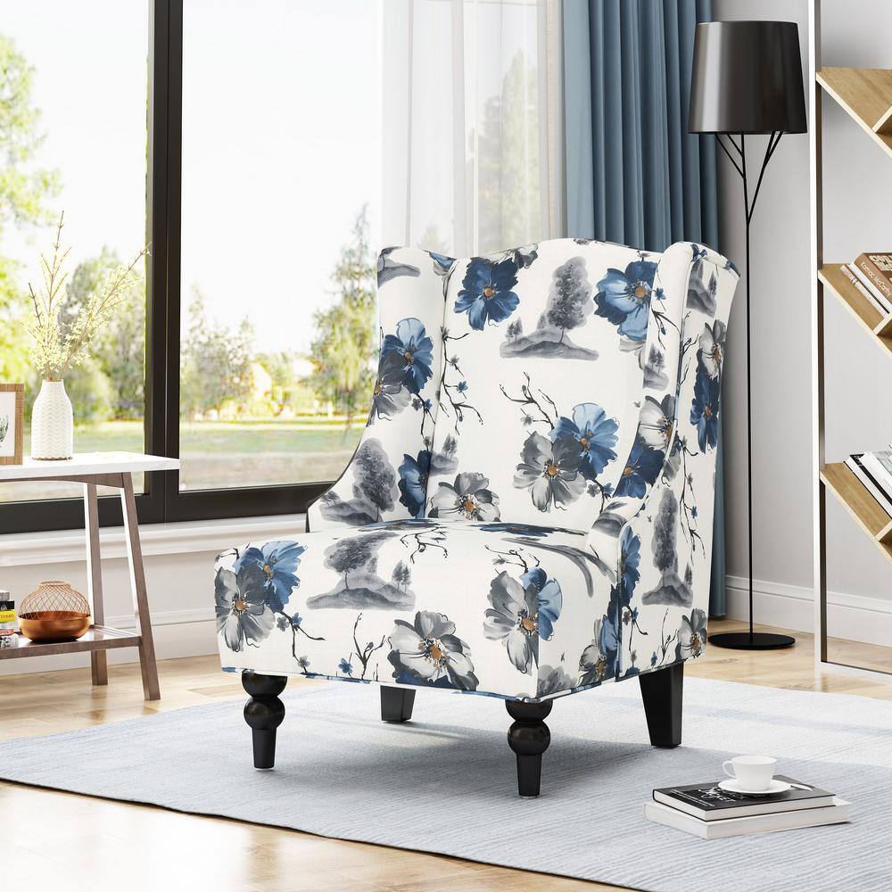 Handcrafted Floral Brown Wood Slope Arm Club Accent Chair