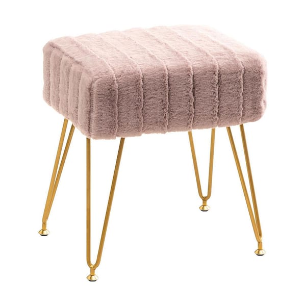 LUE BONA 18.5 in. Pink Faux Fur Square Vanity Stool with Gold Base for Makeup Room