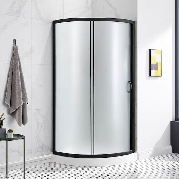 Breeze 34 in. L x 34 in. W x 77 in. H Corner Shower Kit with Frosted Framed Sliding Door in Black and Shower Pan