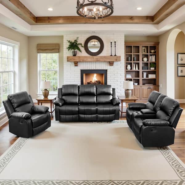 182 in. Overall Pillow Top Arm Leather Rectangle Recliner Sofa Set in Black, 6-Seats Sectional with Storage, Cup Holders