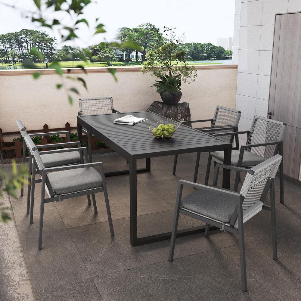 7-Piece Black Aluminum Outdoor Dining Set with Gray Cushion and 6 Dining Ch
